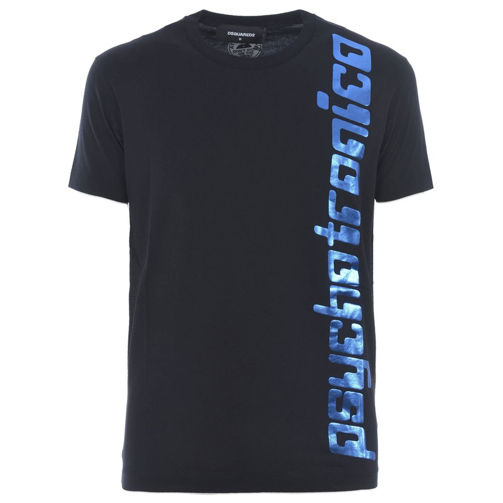 Sleek Black Cotton Tee with Bold Blue Accent