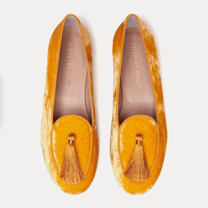 Elegant Velvet Yellow Flats with Tassel Detail