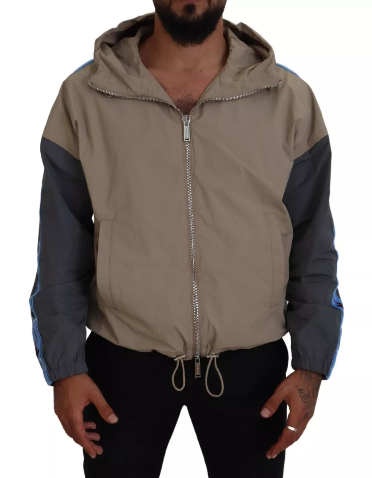 Brown Gray Sleeves Hooded Full Zip Jacket