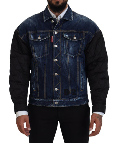 Blue Denim Black Sleeves Men Jacket Cotton Bomber