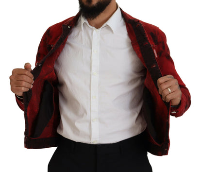 Red Black Tie Dye Collared Men Denim Jacket