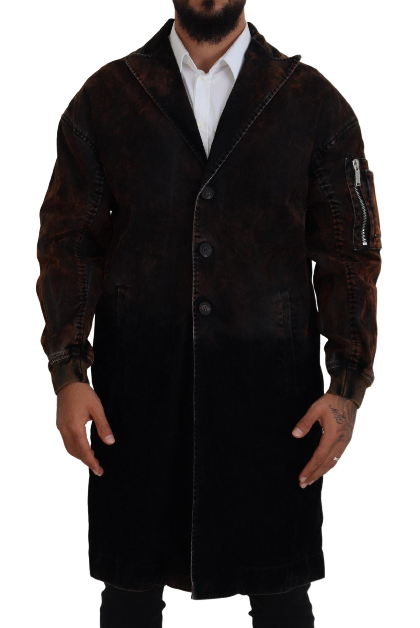 Brown Full Button Men Long Coat Cotton Jacket