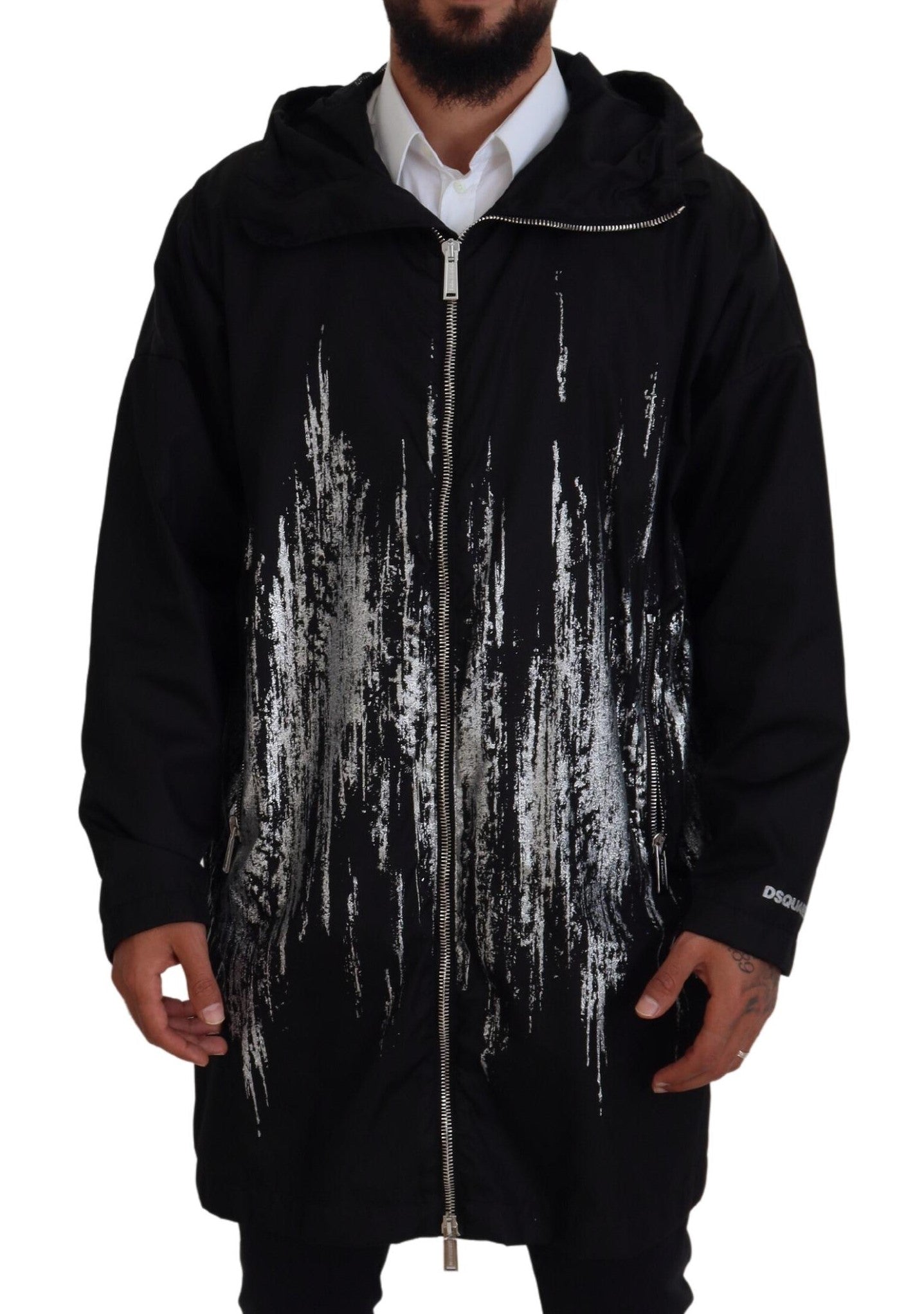 Black White Print Long Hooded Coat Nylon Jacket