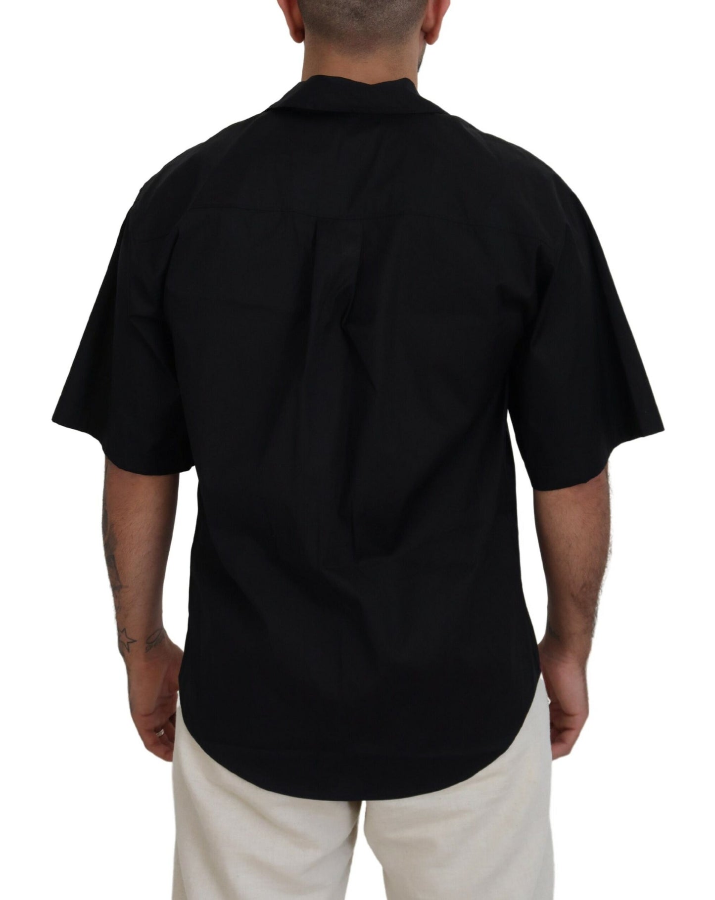 Black Cotton Collared Logo Print Short Sleeve Shirt