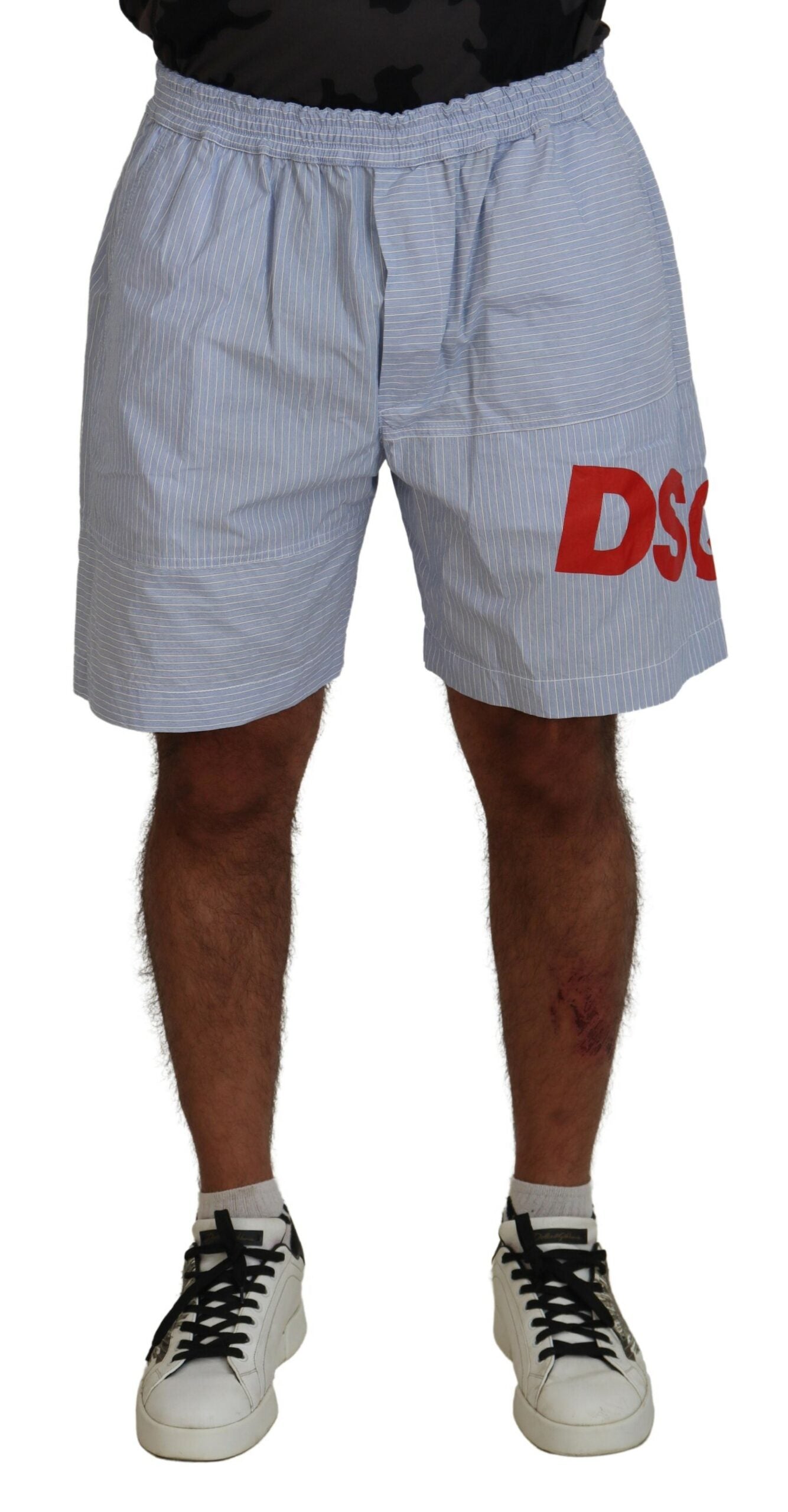 Light Blue Striped Printed Logo Print Casual Shorts