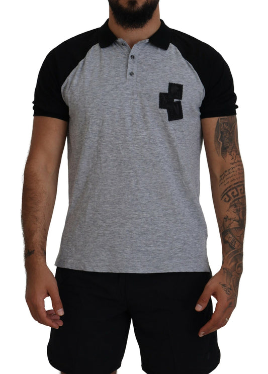 Gray Black Cotton Short Sleeves Collared T-shirt