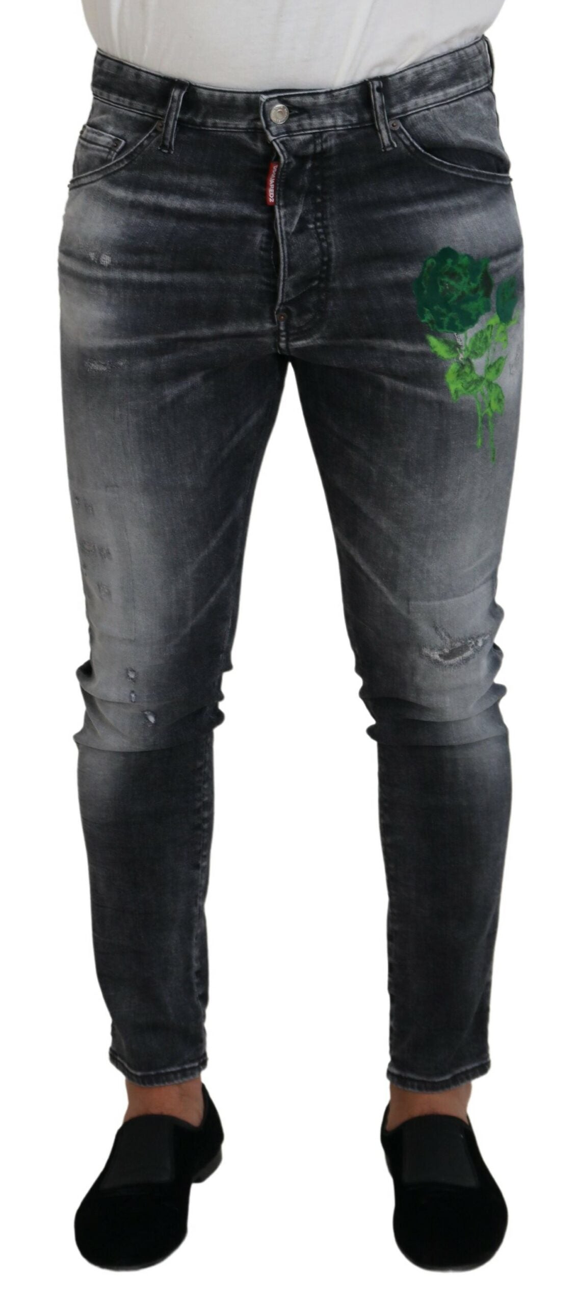 Gray Washed Green Print Skinny Casual Denim Jeans