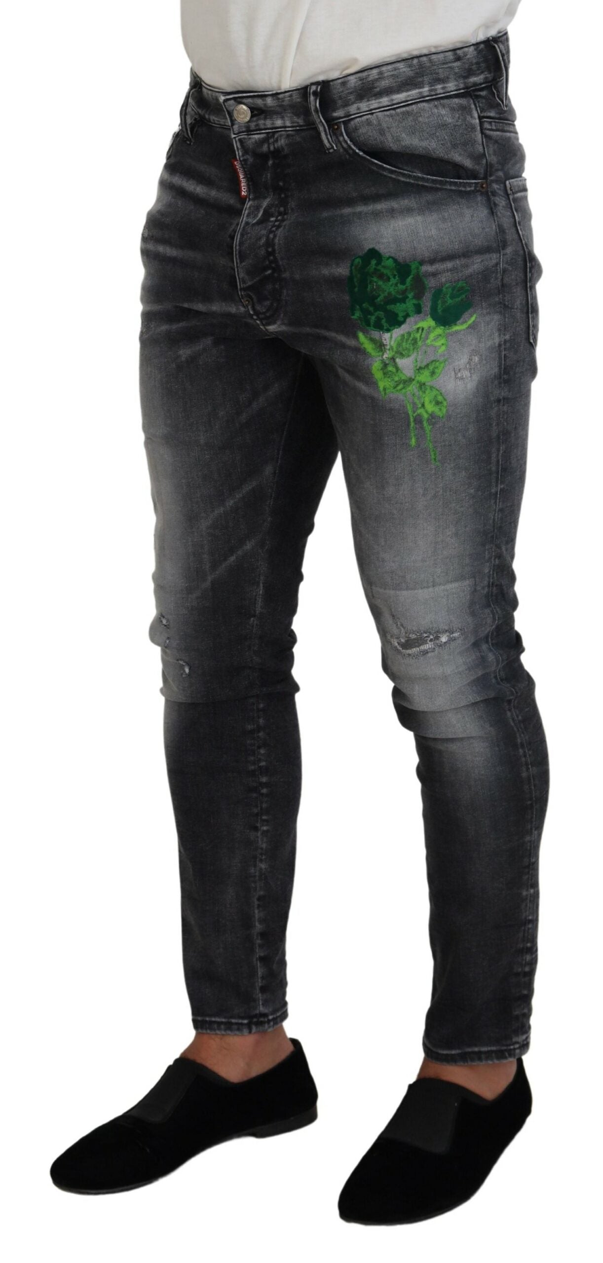 Gray Washed Green Print Skinny Casual Denim Jeans