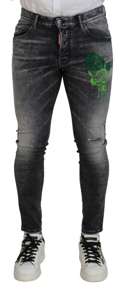 Gray Washed Green Print Skinny Casual Denim Jeans