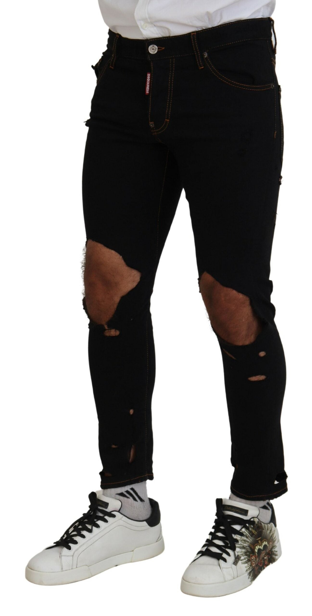 Black Cotton Tattered Skinny Casual Denim Jeans