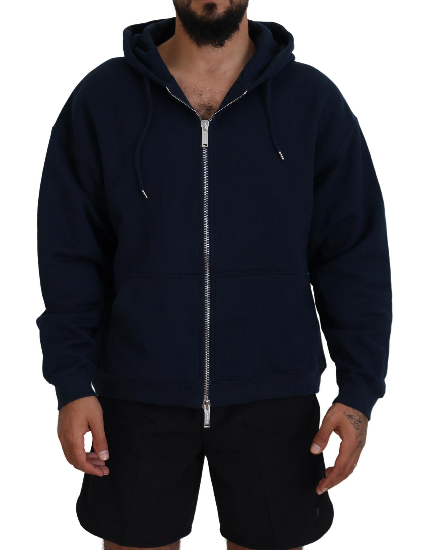 Blue Cotton Hooded Full Zip Men Jacket Sweater