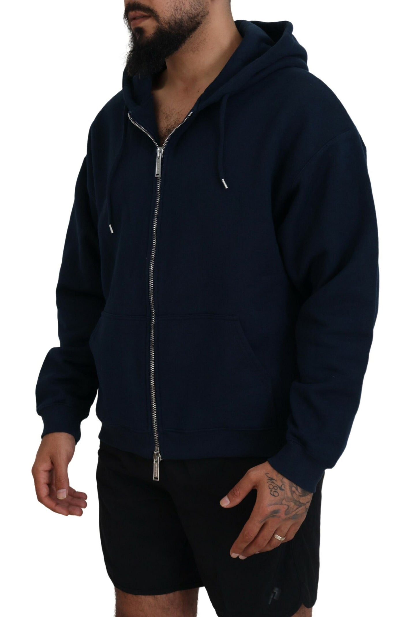 Blue Cotton Hooded Full Zip Men Jacket Sweater