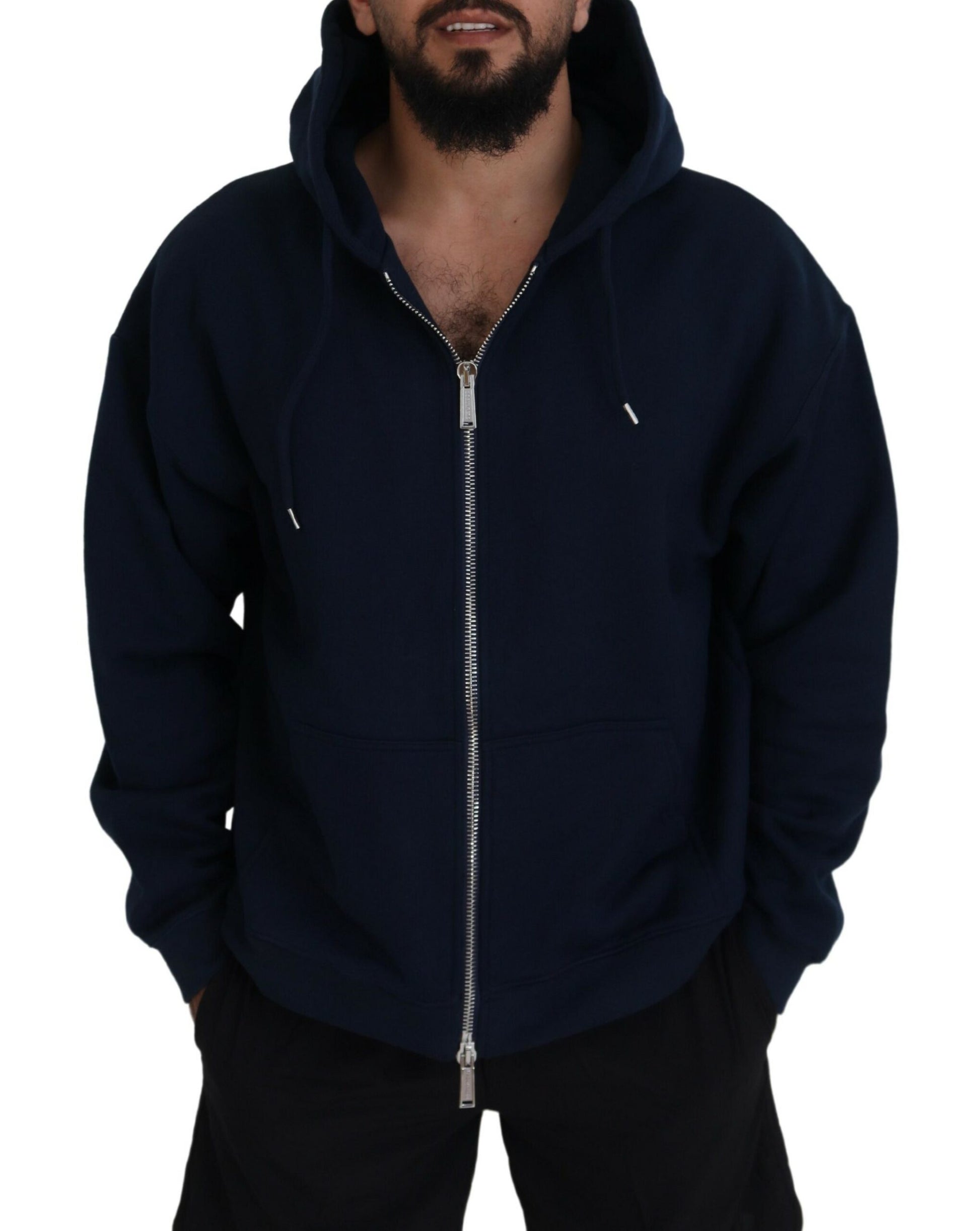 Blue Cotton Hooded Full Zip Men Jacket Sweater