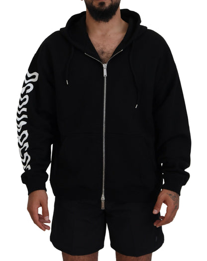 Black Hooded Full Zip Printed Sleeves Sweater