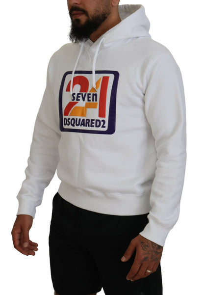 White Cotton Hooded Printed Men Pullover Sweater