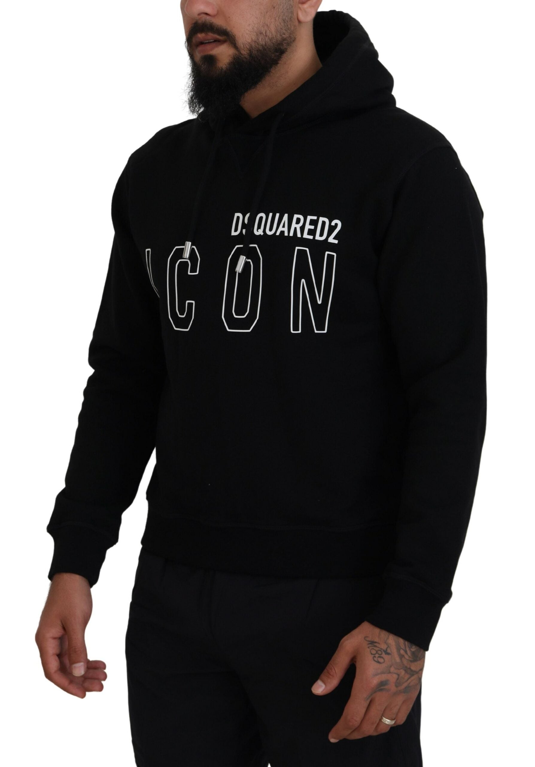 Black Cotton Hooded Printed Men Pullover Sweater