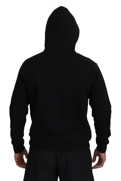 Black Cotton Hooded Printed Men Pullover Sweater