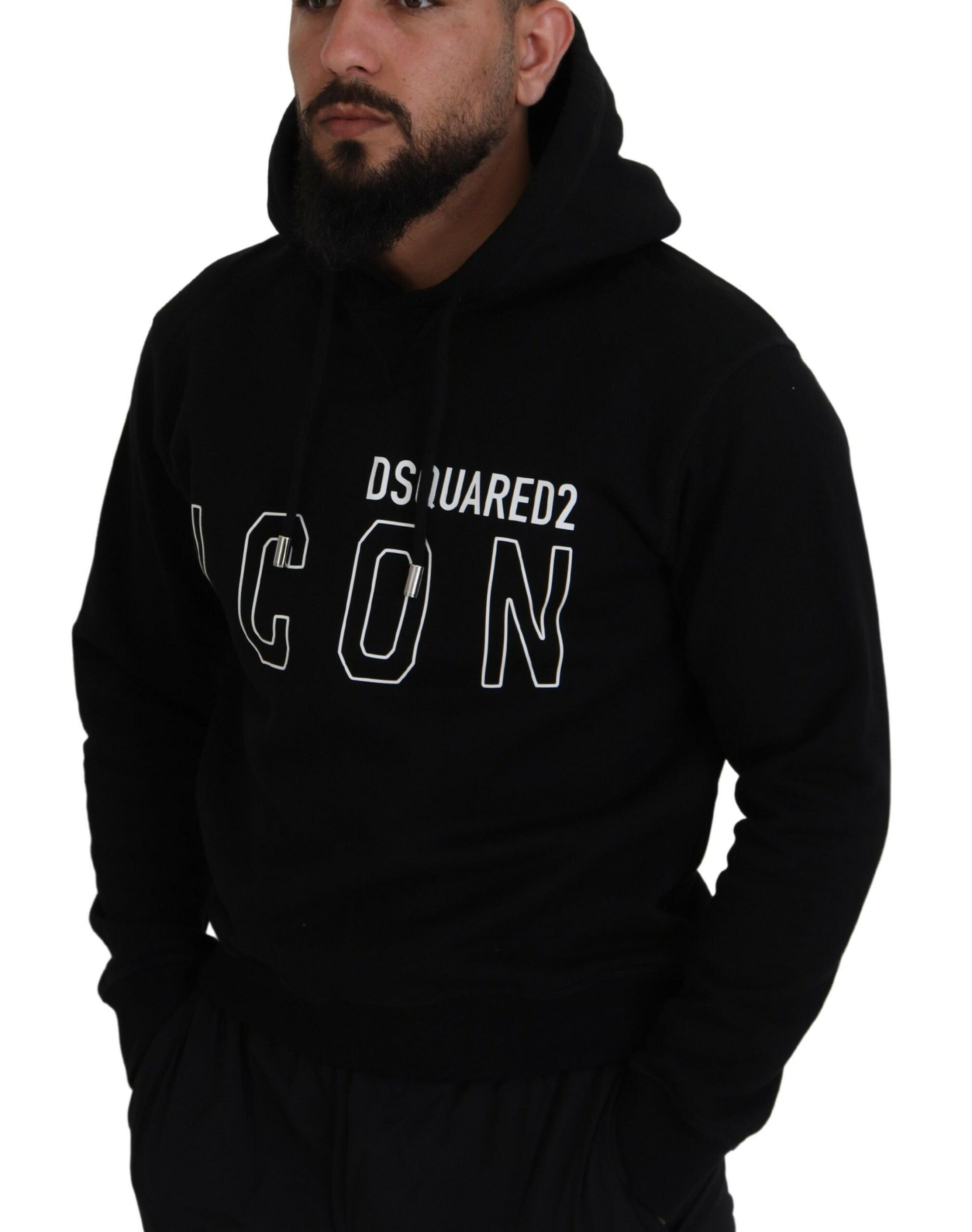 Black Cotton Hooded Printed Men Pullover Sweater