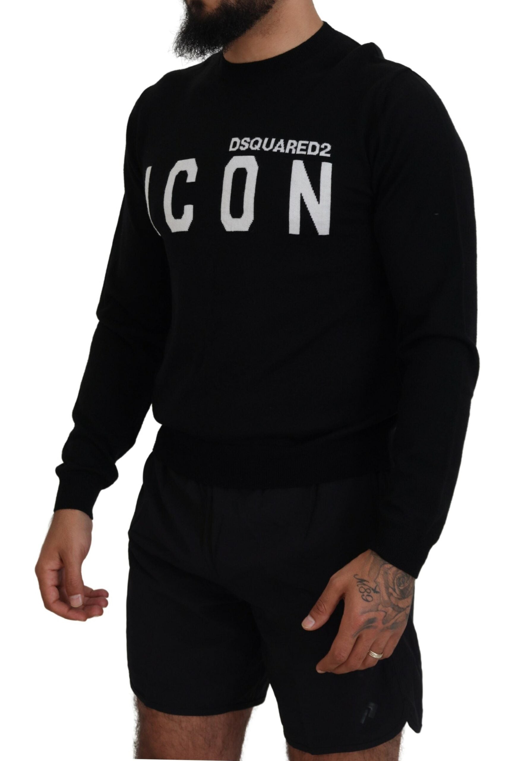 Black Logo Print Long Sleeves Men Pullover Sweater