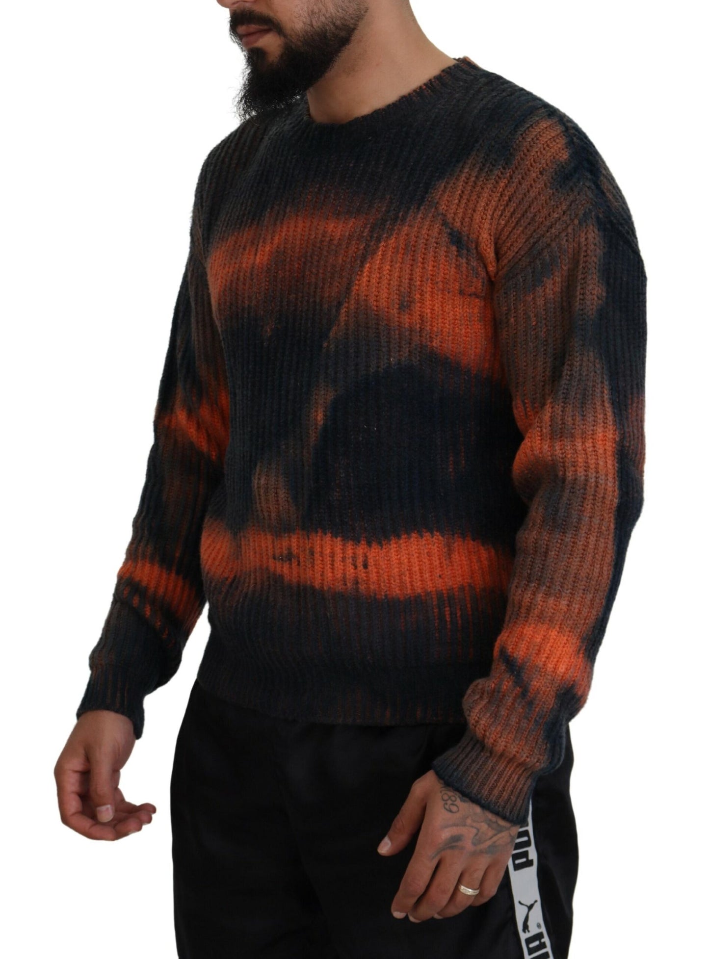 Black Orange Cotton Tie Dye Men Pullover Sweater