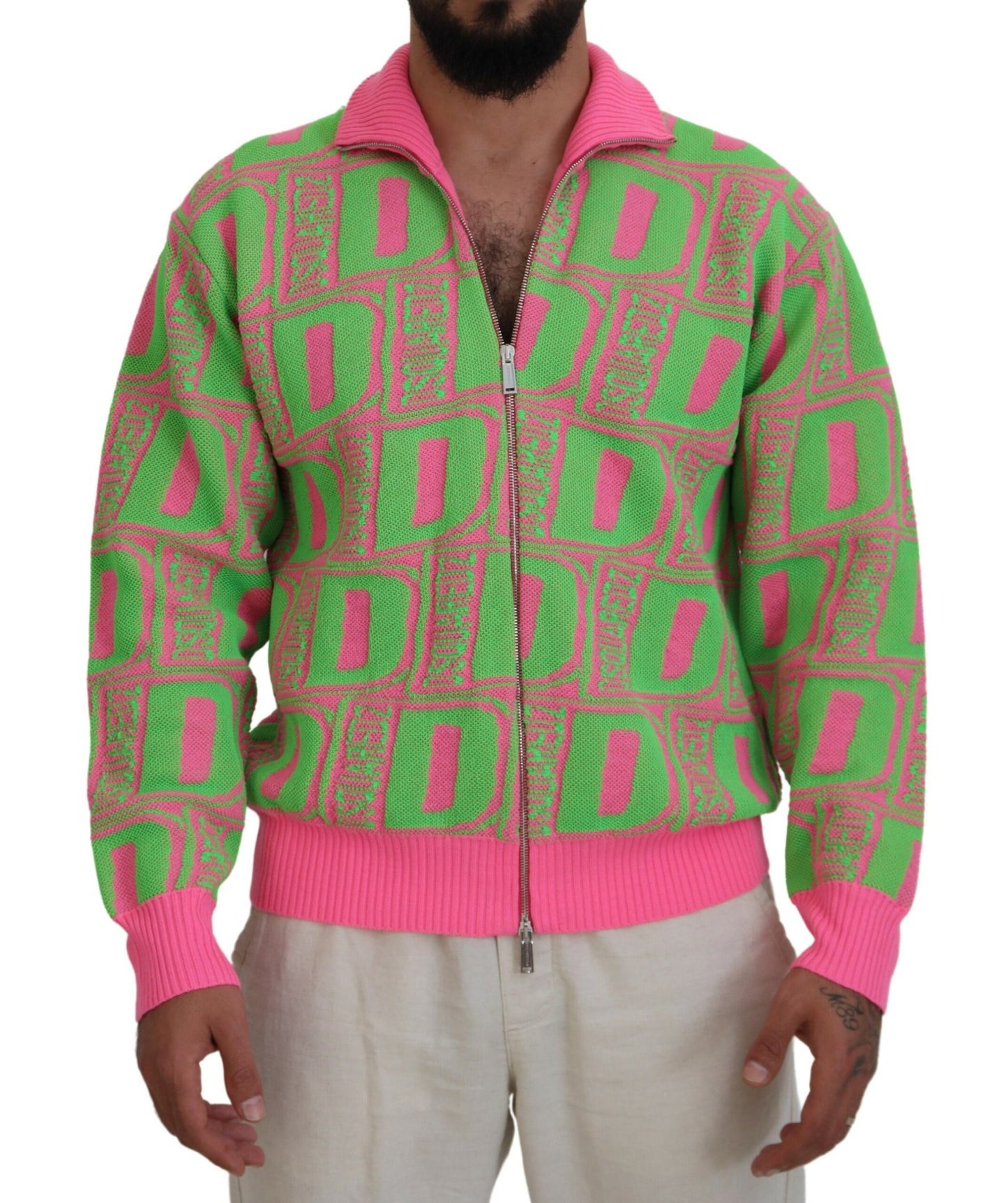 Pink Green Collared Long Sleeves Full Zip Sweater