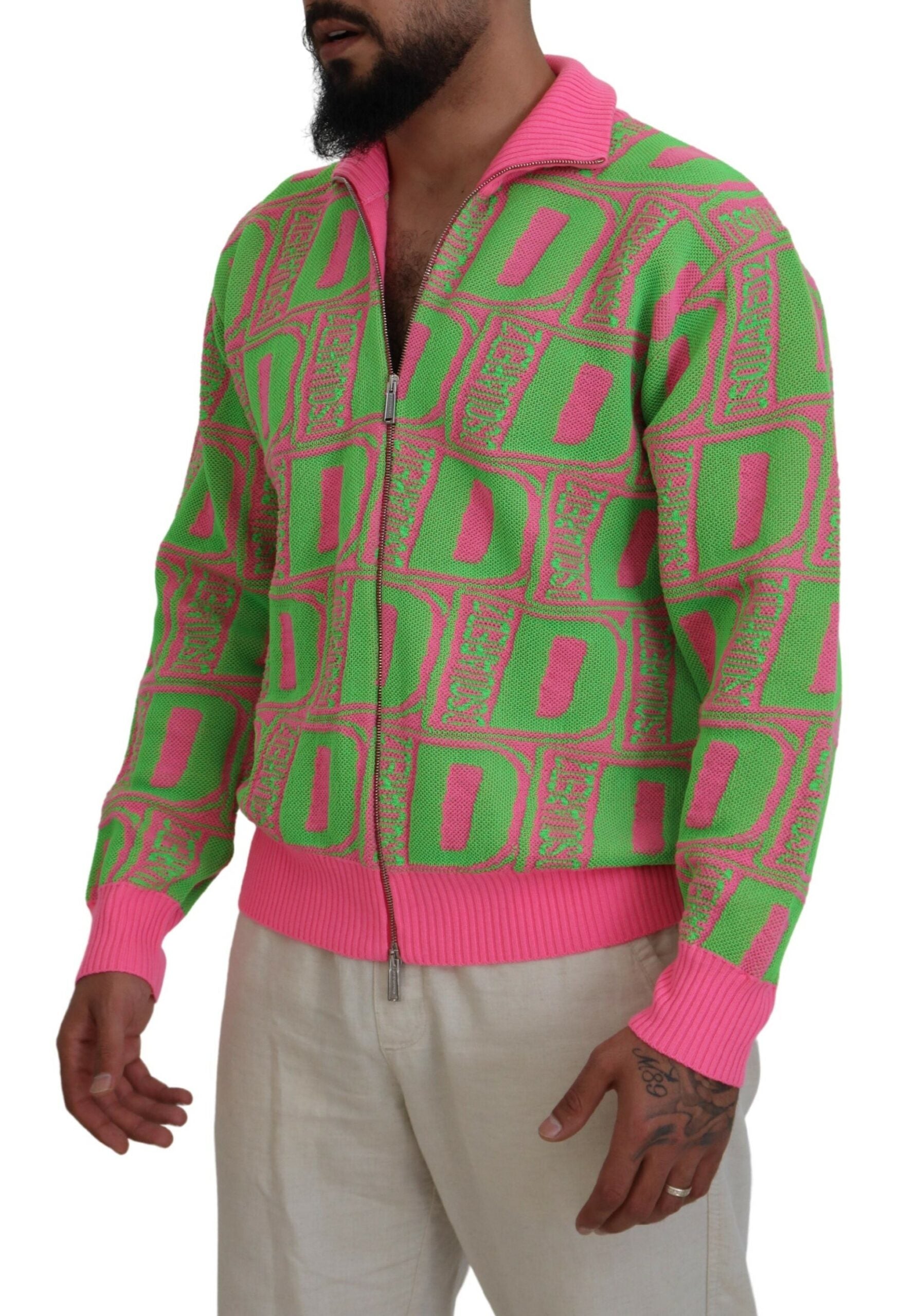 Pink Green Collared Long Sleeves Full Zip Sweater