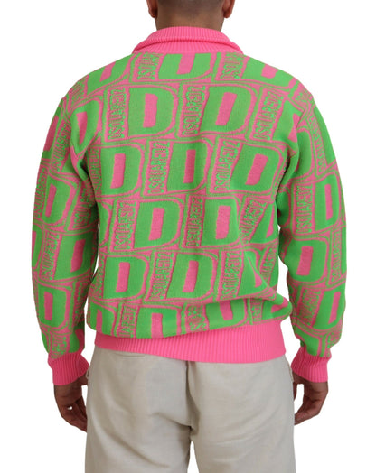 Pink Green Collared Long Sleeves Full Zip Sweater