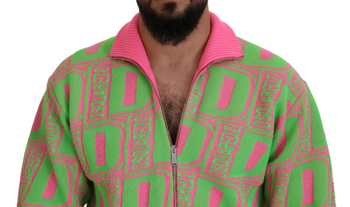 Pink Green Collared Long Sleeves Full Zip Sweater