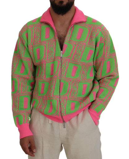 Pink Green Collared Long Sleeves Full Zip Sweater