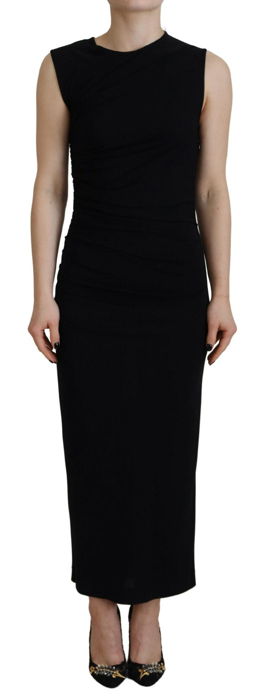 Black Viscose Sleeveless Ruched Maxi Dress