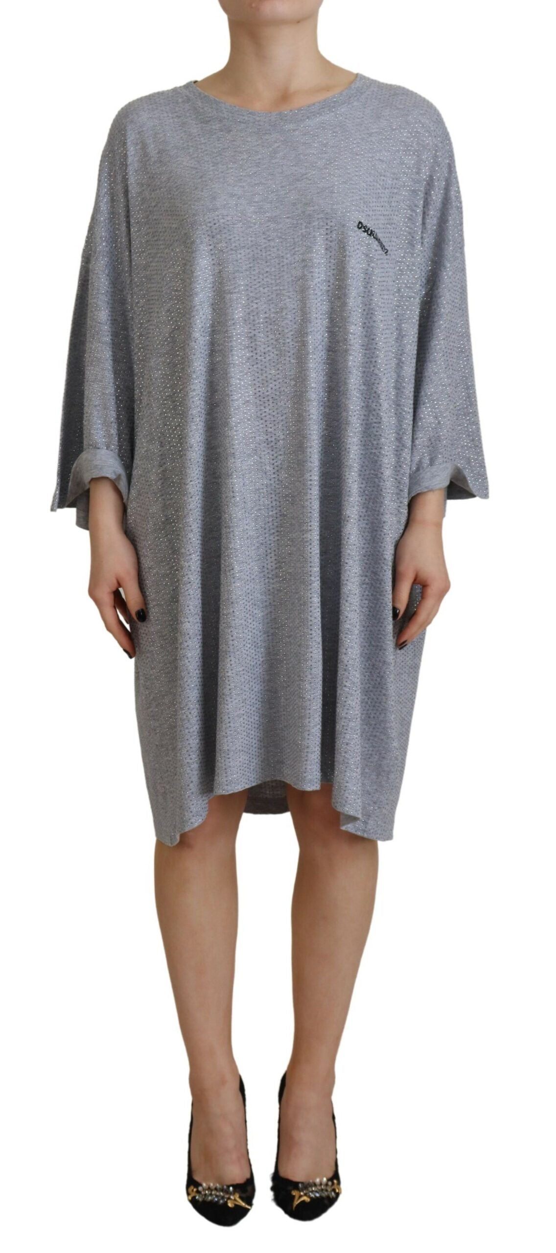 Gray Crystal Embellished Cotton Long Sleeves Dress