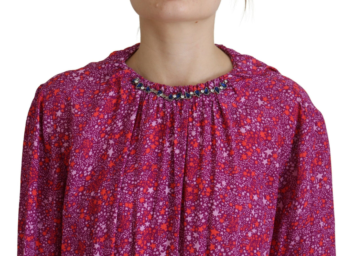 Fuchsia Stars Embellished Long Sleeves Dress