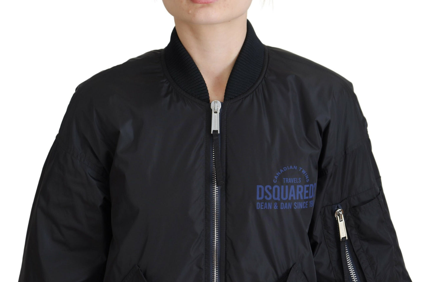 Black Logo Print Full Zip Women Bomber Jacket