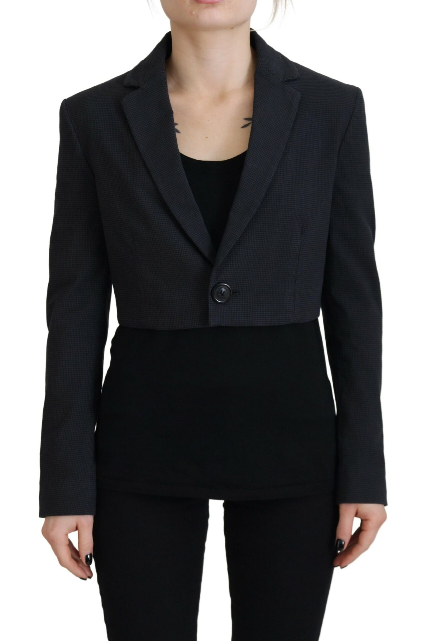 Black Cotton Cropped Button Blazer Jacket