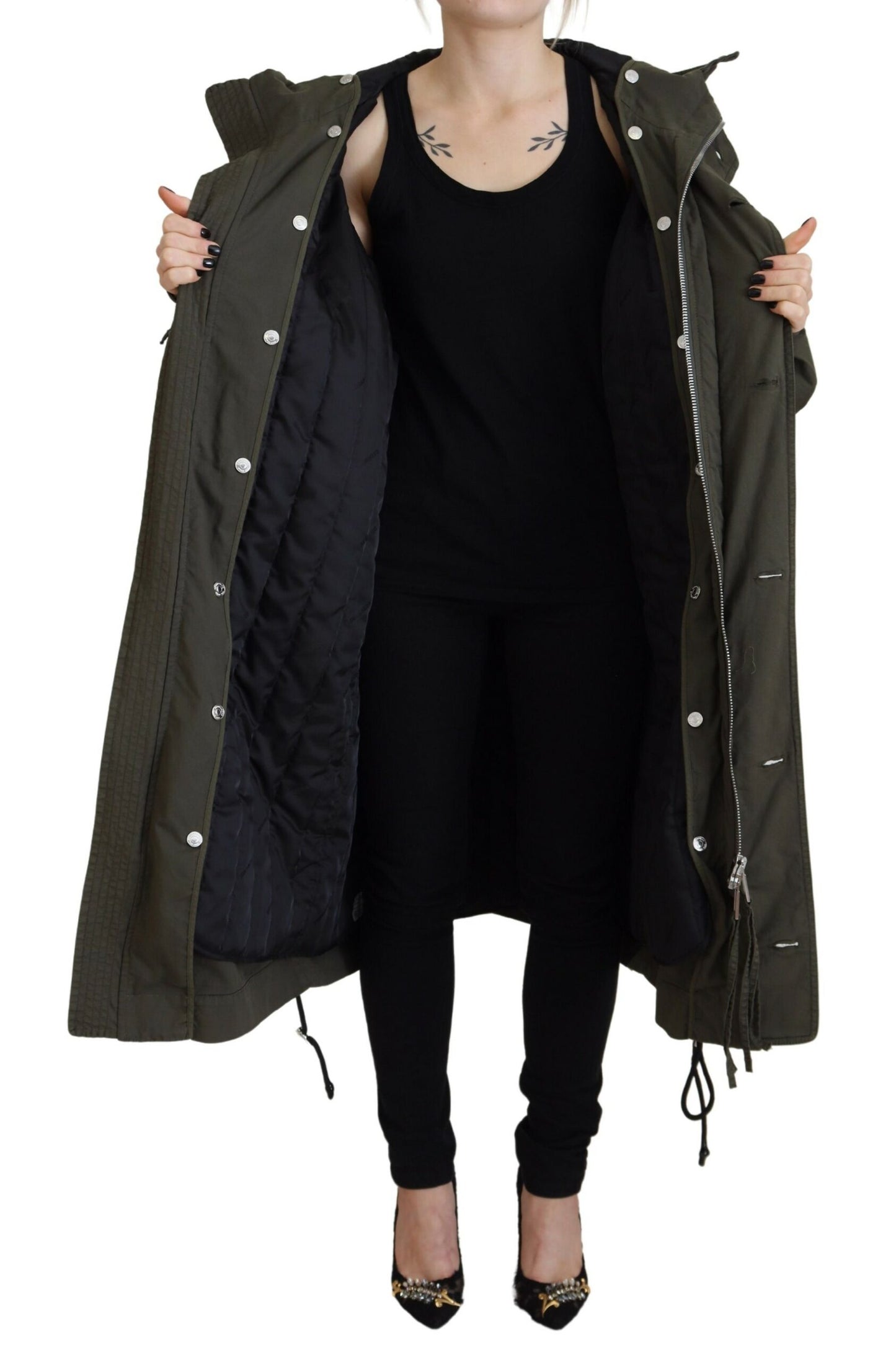 Green Hooded Full Zip Long Parka Coat Jacket