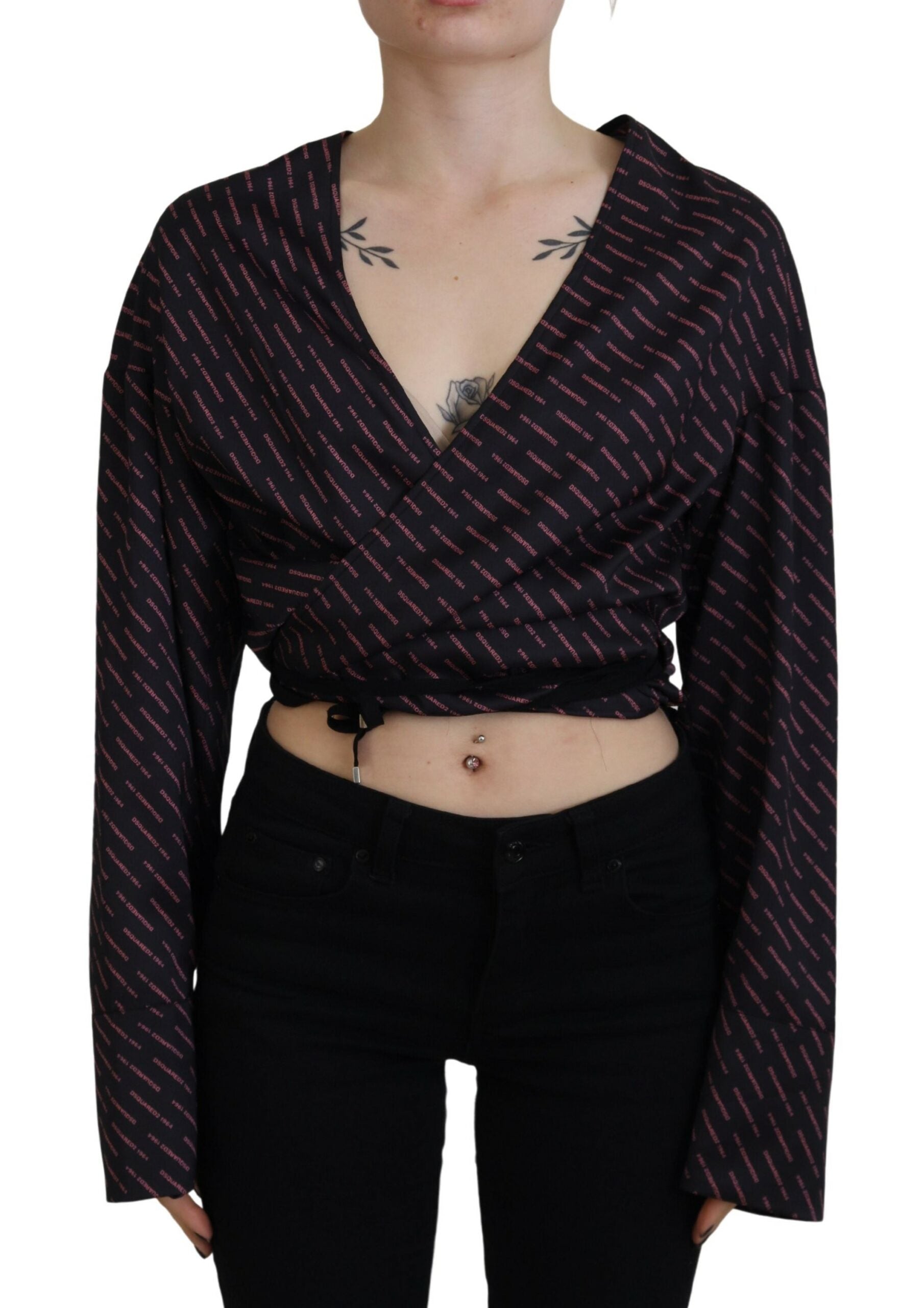 Black Polyester Cropped Logo Printed Blouse Top