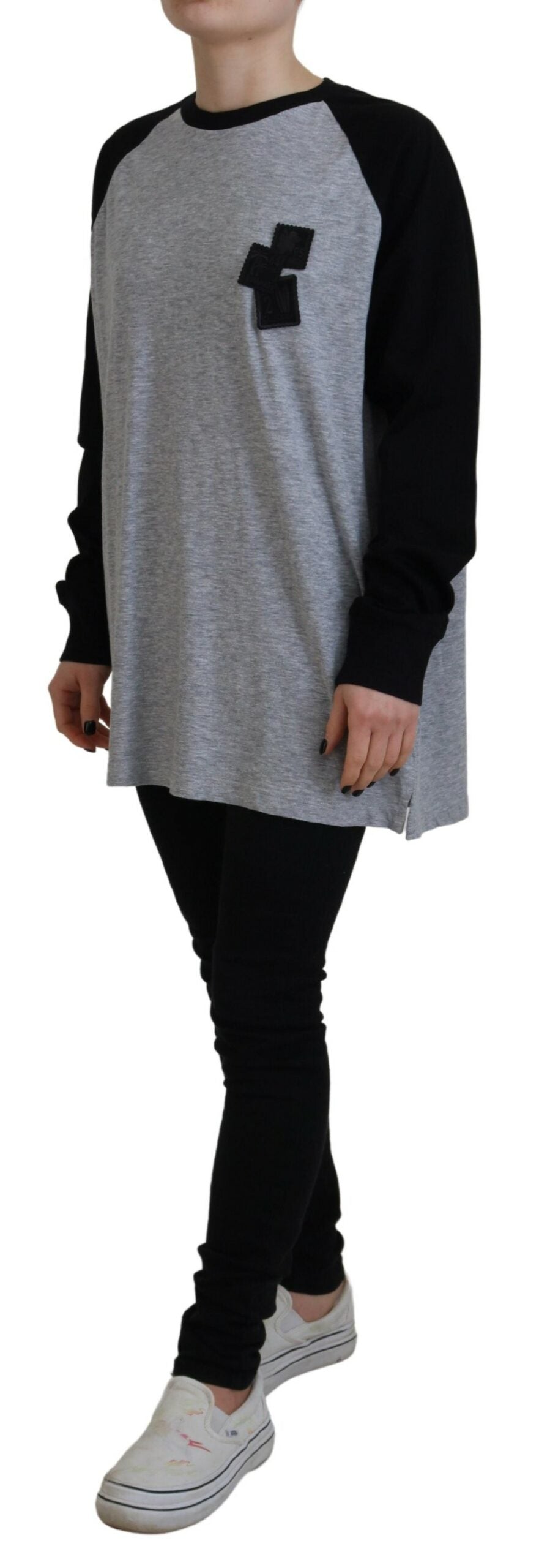 Black Gray Cotton Raglan Long Sleeves Casual Top