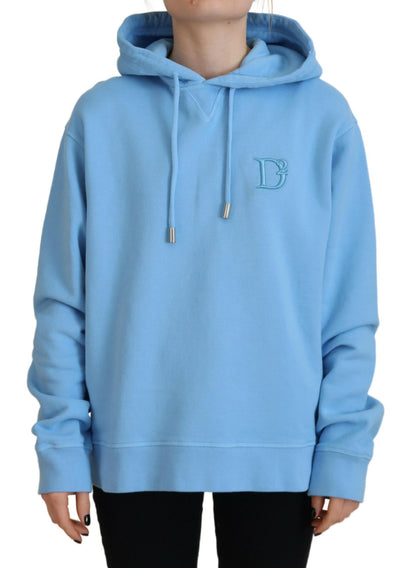 Light Blue Logo Hooded Women Long Sleeve Sweater