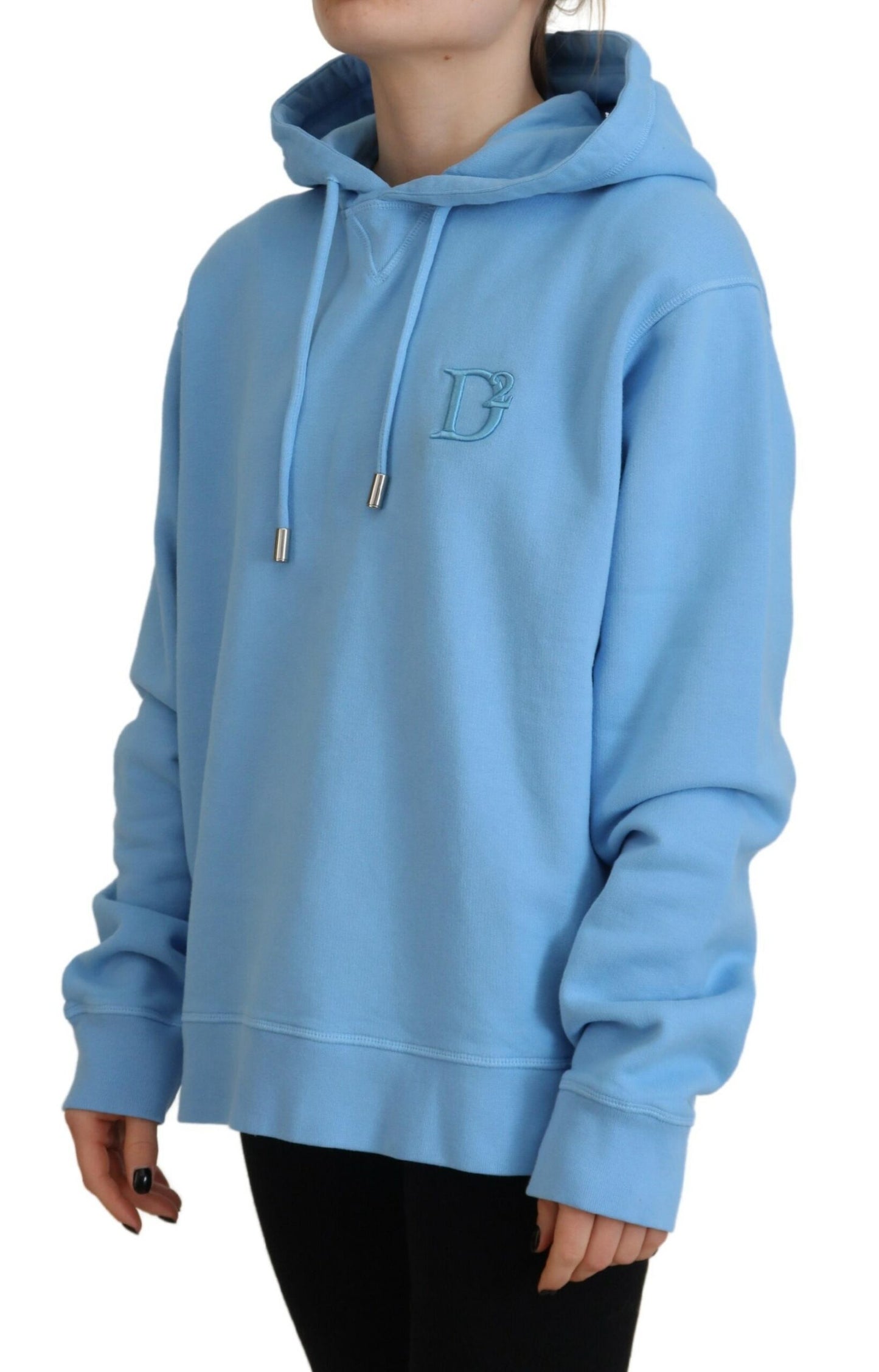 Light Blue Logo Hooded Women Long Sleeve Sweater