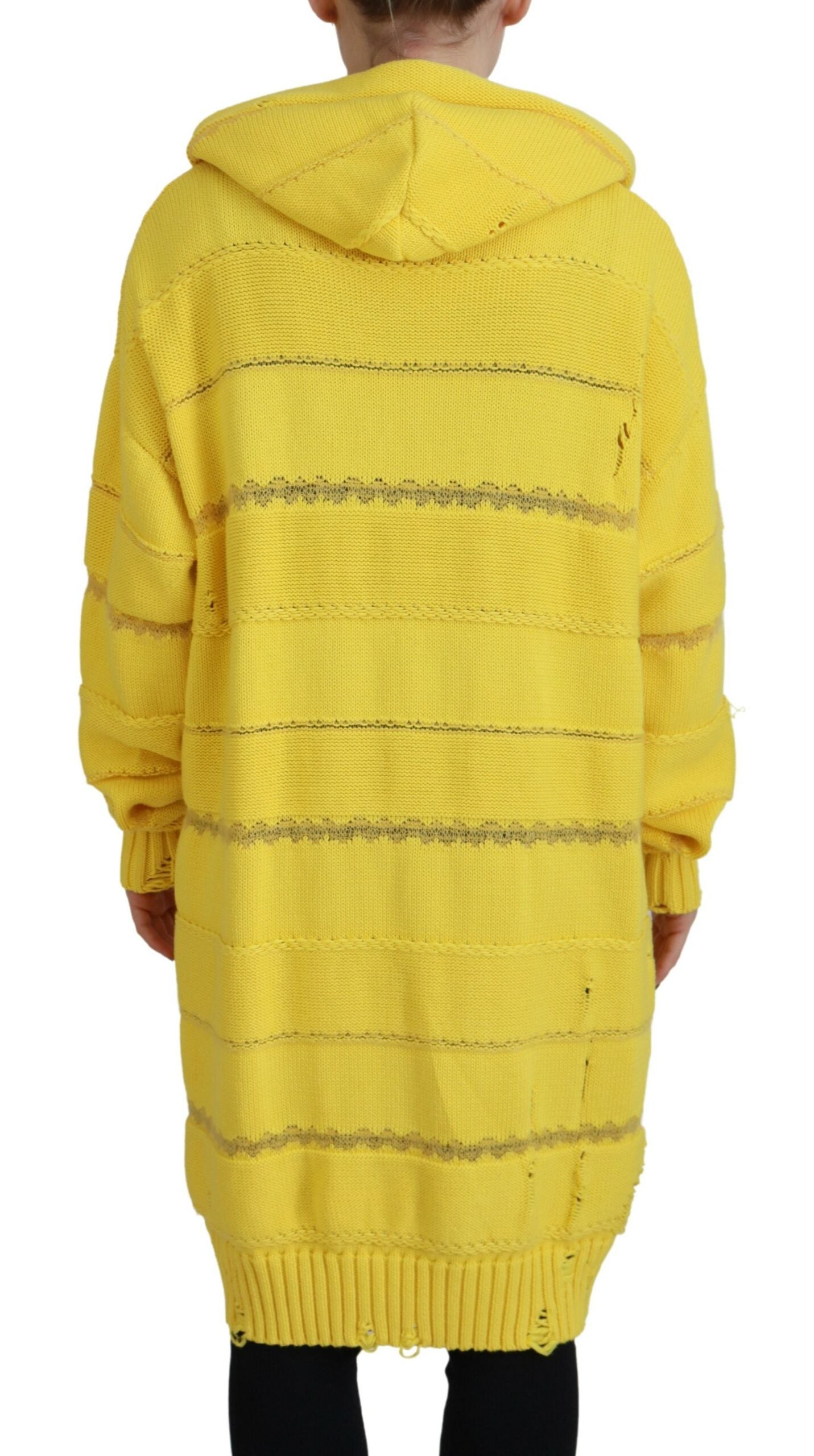 Yellow Cotton Knitted Hooded Pullover Sweater