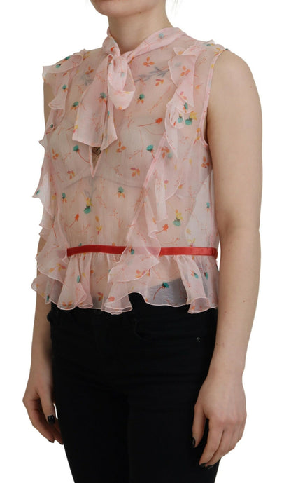 Pink Floral Print Silk Sleeveless Ascot Collar Top