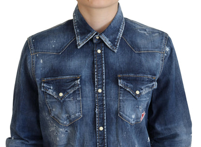 Blue Washed Cotton Button Down Collared Denim Shirt