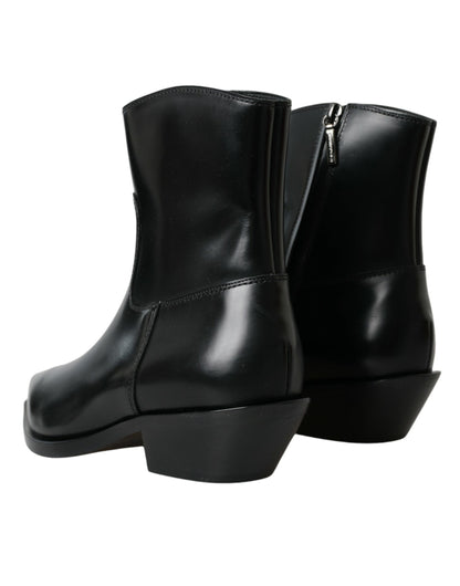 Black Leather Mid Calf Flats Boots Shoes