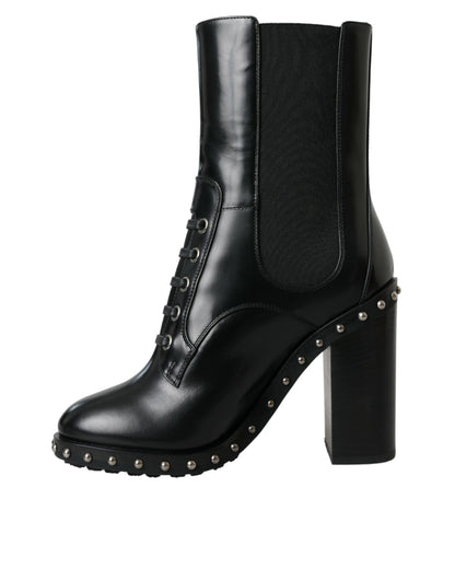 Black Leather Studded Lace Up Boots Shoes