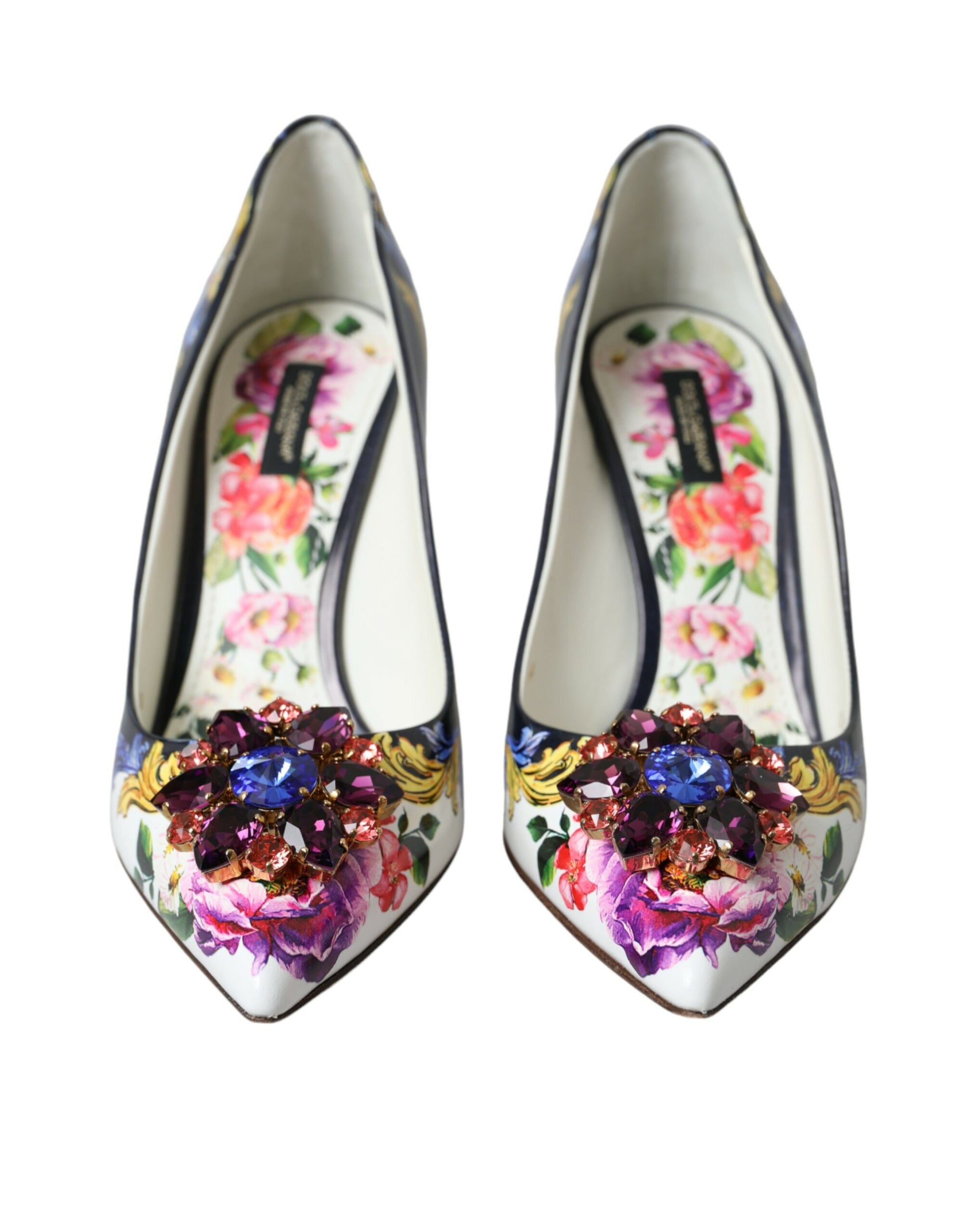 Multicolor Floral Leather Crystal Heels Pumps Shoes