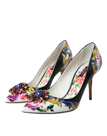 Multicolor Floral Leather Crystal Heels Pumps Shoes