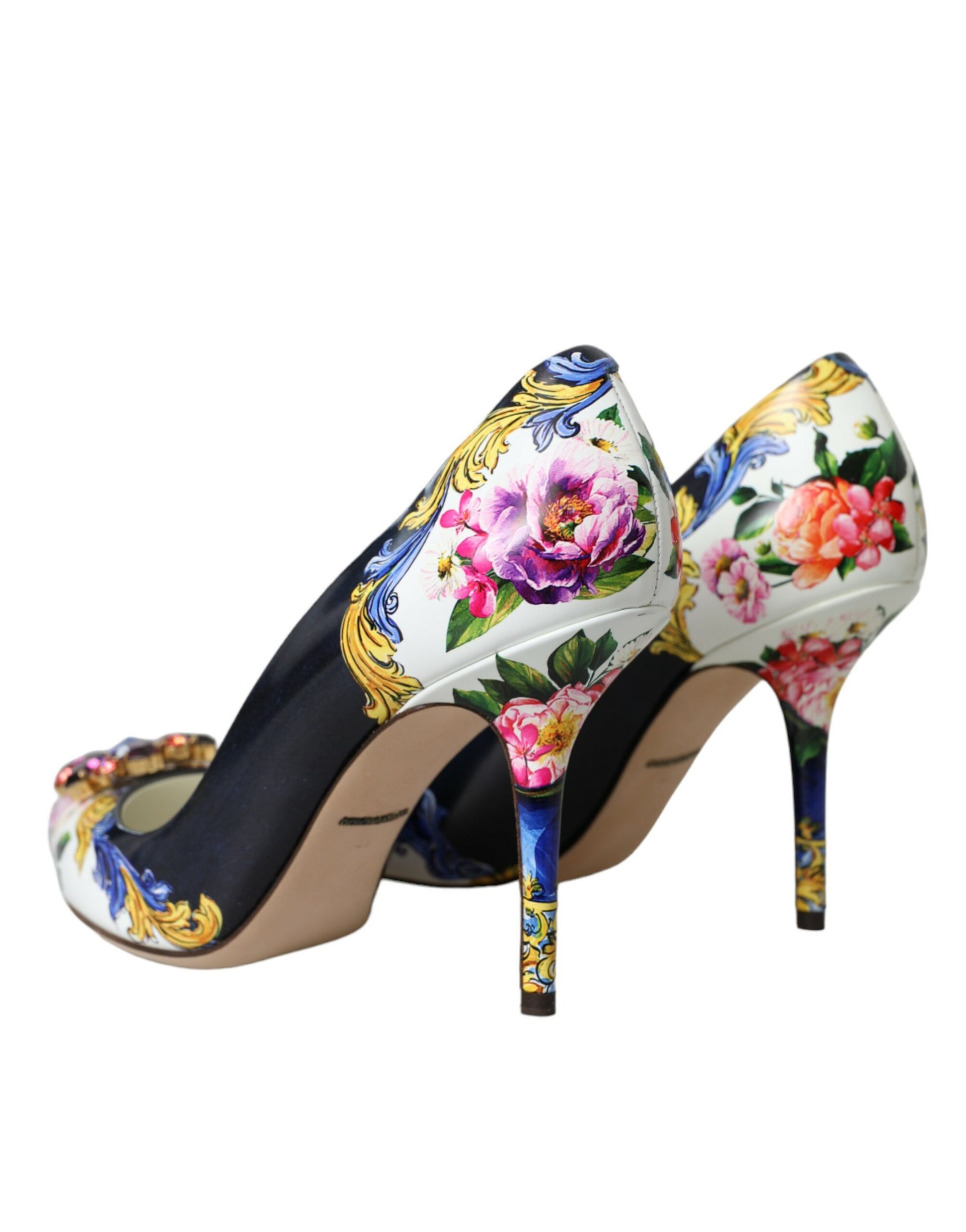 Multicolor Floral Leather Crystal Heels Pumps Shoes