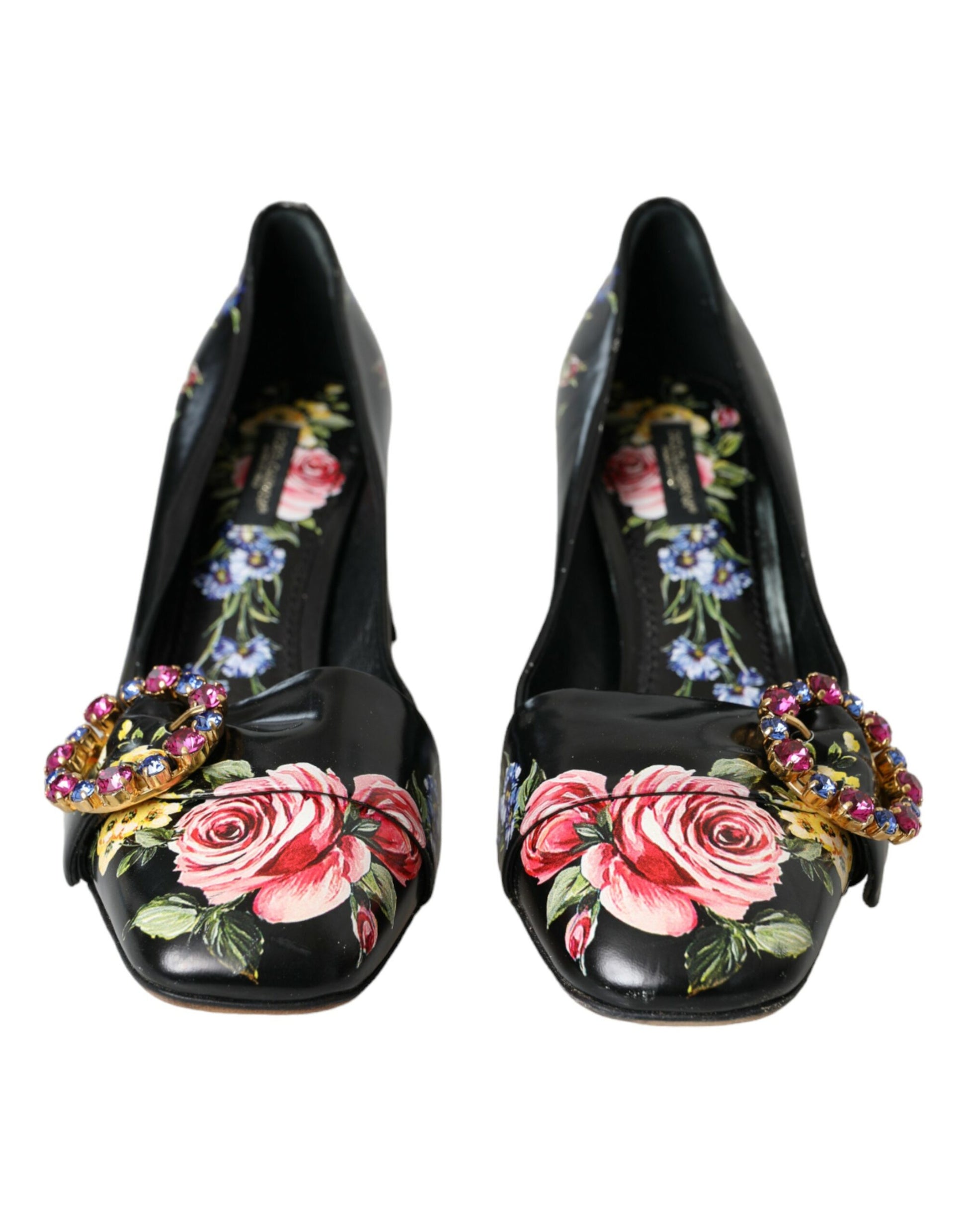 Black Floral Crystals Leather Pumps Shoes