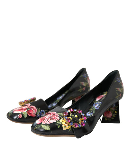 Black Floral Crystals Leather Pumps Shoes