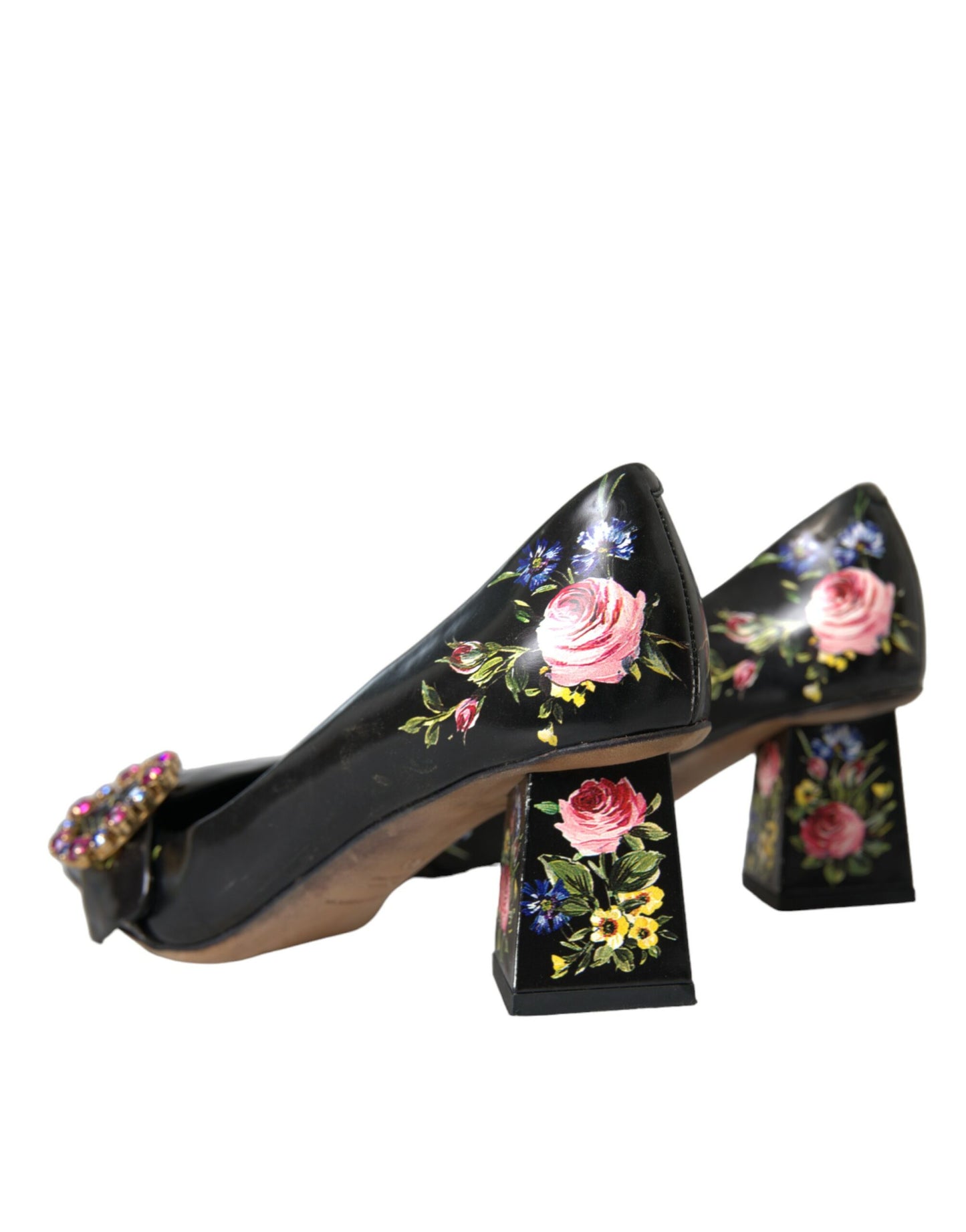 Black Floral Crystals Leather Pumps Shoes